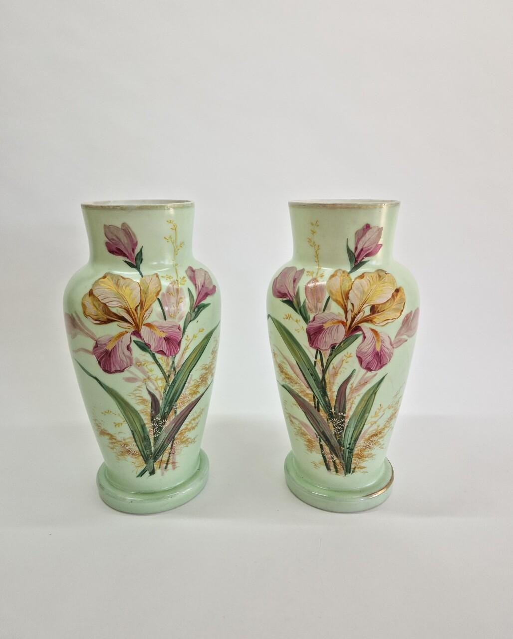 Victorian Opaline Glass Vases: Hand-Painted Floral Decor, 1800s