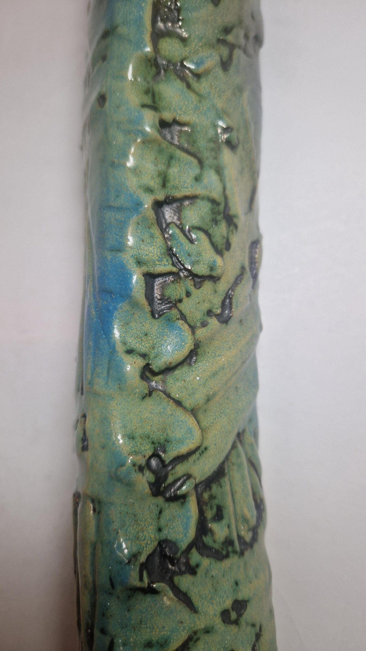 Handcrafted Brutalist Art Vase: Turquoise & Brown Earthenware