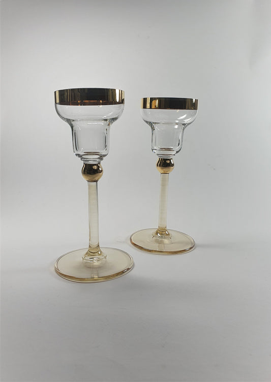 Vintage Glass Candle Holders: Margarita Style with Gold Rim, Pair