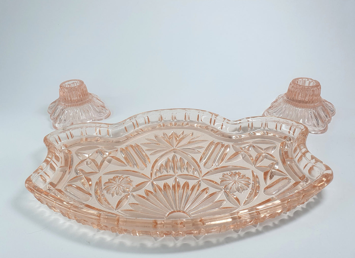 Art Deco Pink Depression Glass Dressing Table Set, Tray and Candle Stick Holders. Vanity Tray Set. Boudoir Set. c1930-40. Mother's Day gift