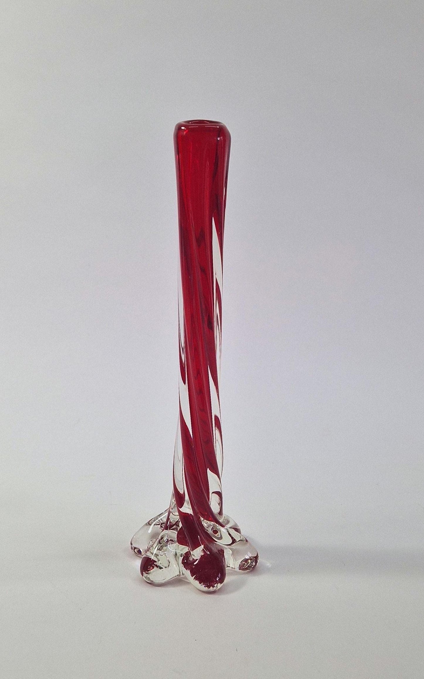 Vintage Solifleur Glass Vase. Twisted Stretch Cased Glass with Elephant Foot. Mid Century Modern.