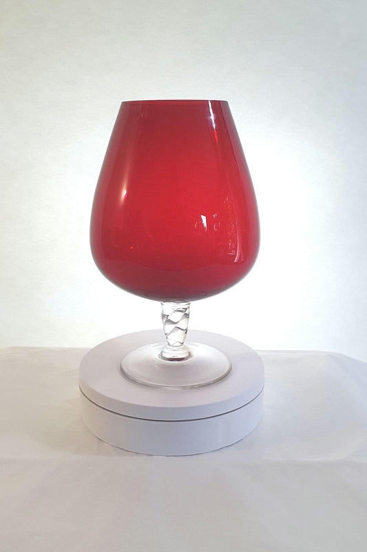 Oversized Red Brandy Snifter Glass with Clear Twisted Stem and Base. c1960s