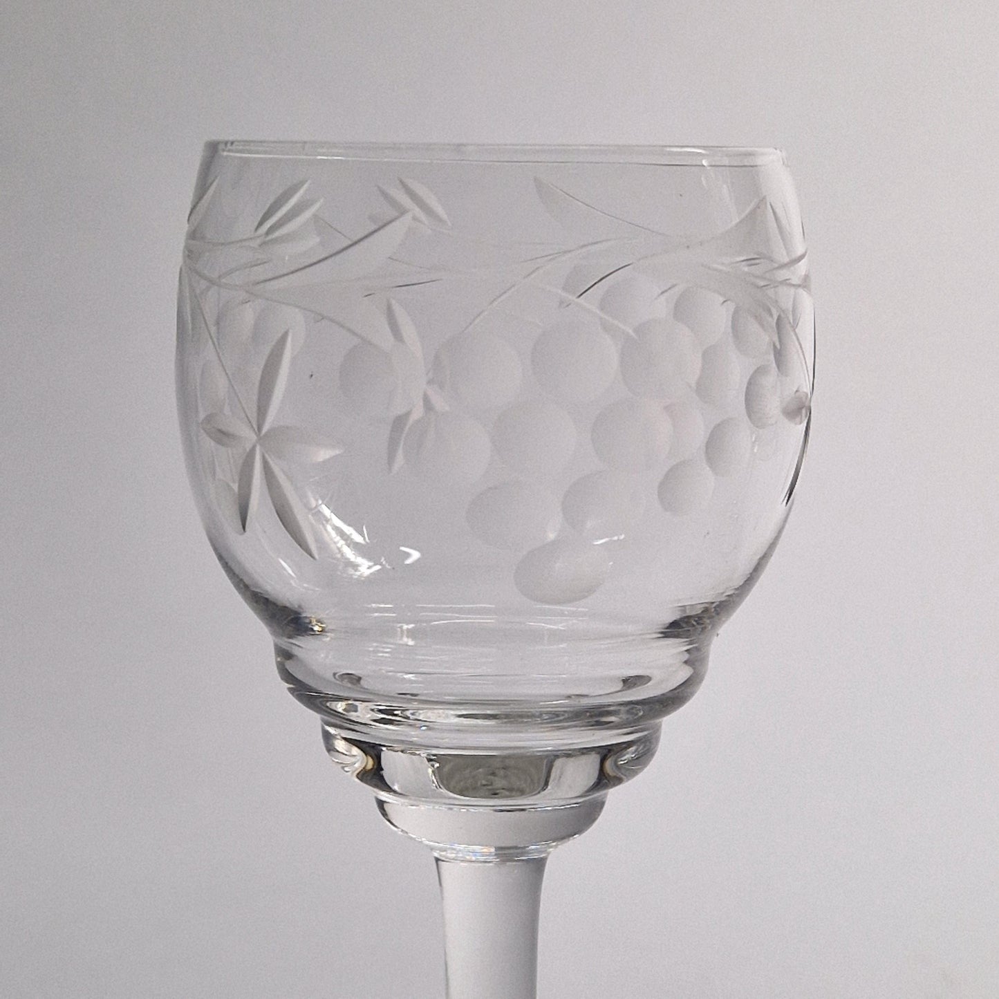 Pair of Vintage Grapes and Leaves etched Wine Glasses. Late 20th Century.
