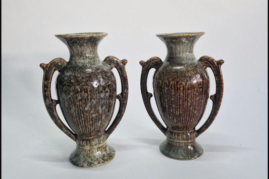 Vintage Grecian Urns: Brown & Grey Mottled Dripware Glaze, Mid Century Pair