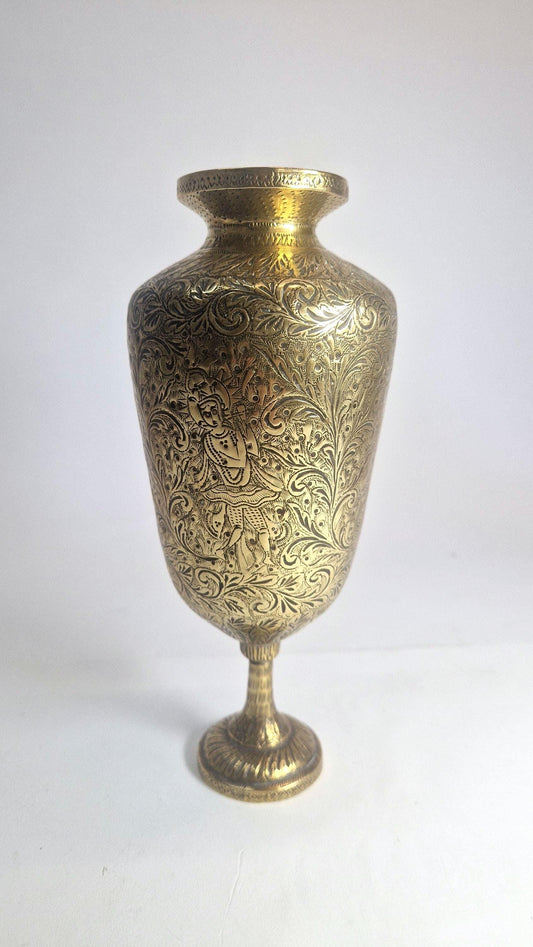 Antique Brass Urn, Heavily Engraved, Indian Deity Playing Pipe.