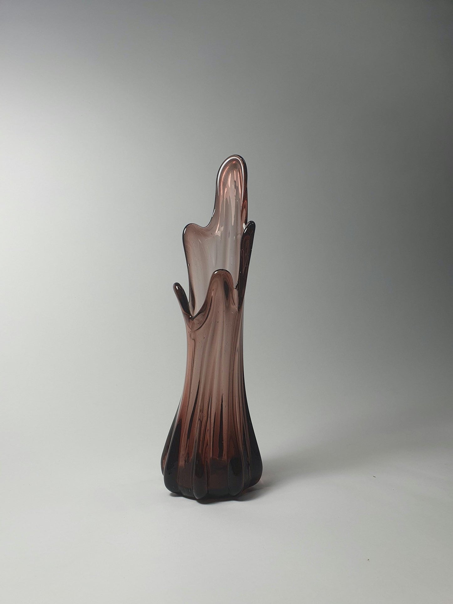 Mid Century Smoky Amber Glass Vase: 5 Finger Swung Posy, 1970s