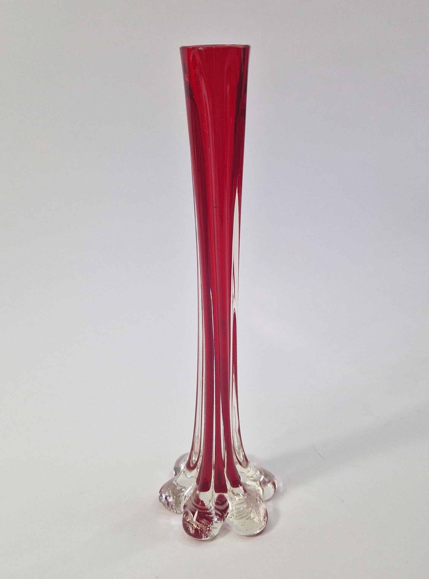 Vintage Solifleur Glass Vase. Straight Ribbed Glass with Elephant Foot. Mid Century Modern.