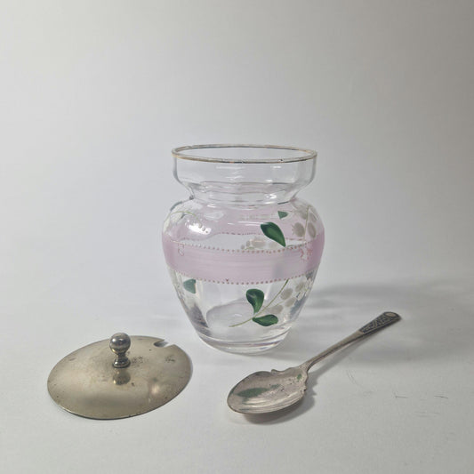 Vintage Lily of the Valley Glass Jam Jar with Silver Lid & Spoon