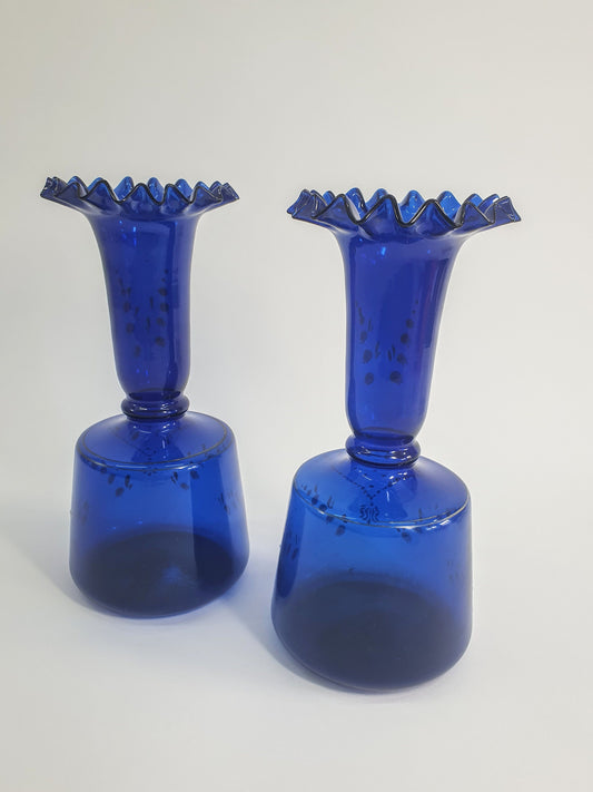 Pair of Art Nouveau Bristol Blue Vases with Lily of the Valley flowers. 1890-1910