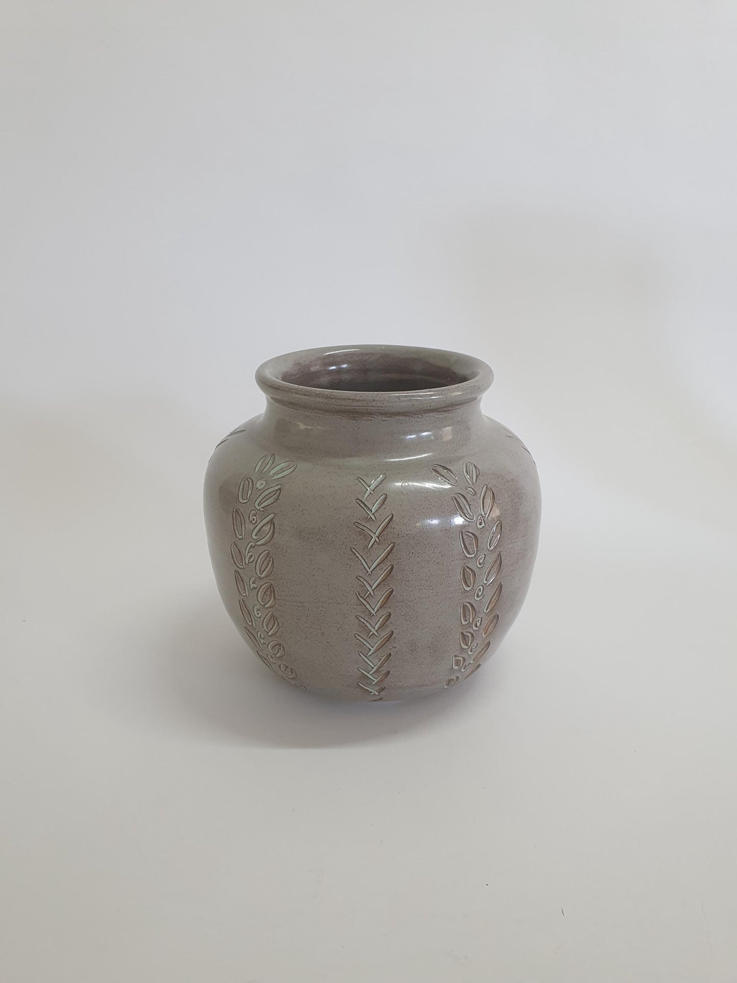 Vintage Round Vase with Leaves and Criss-cross Cut-outs, speckled beige glaze. c1970s