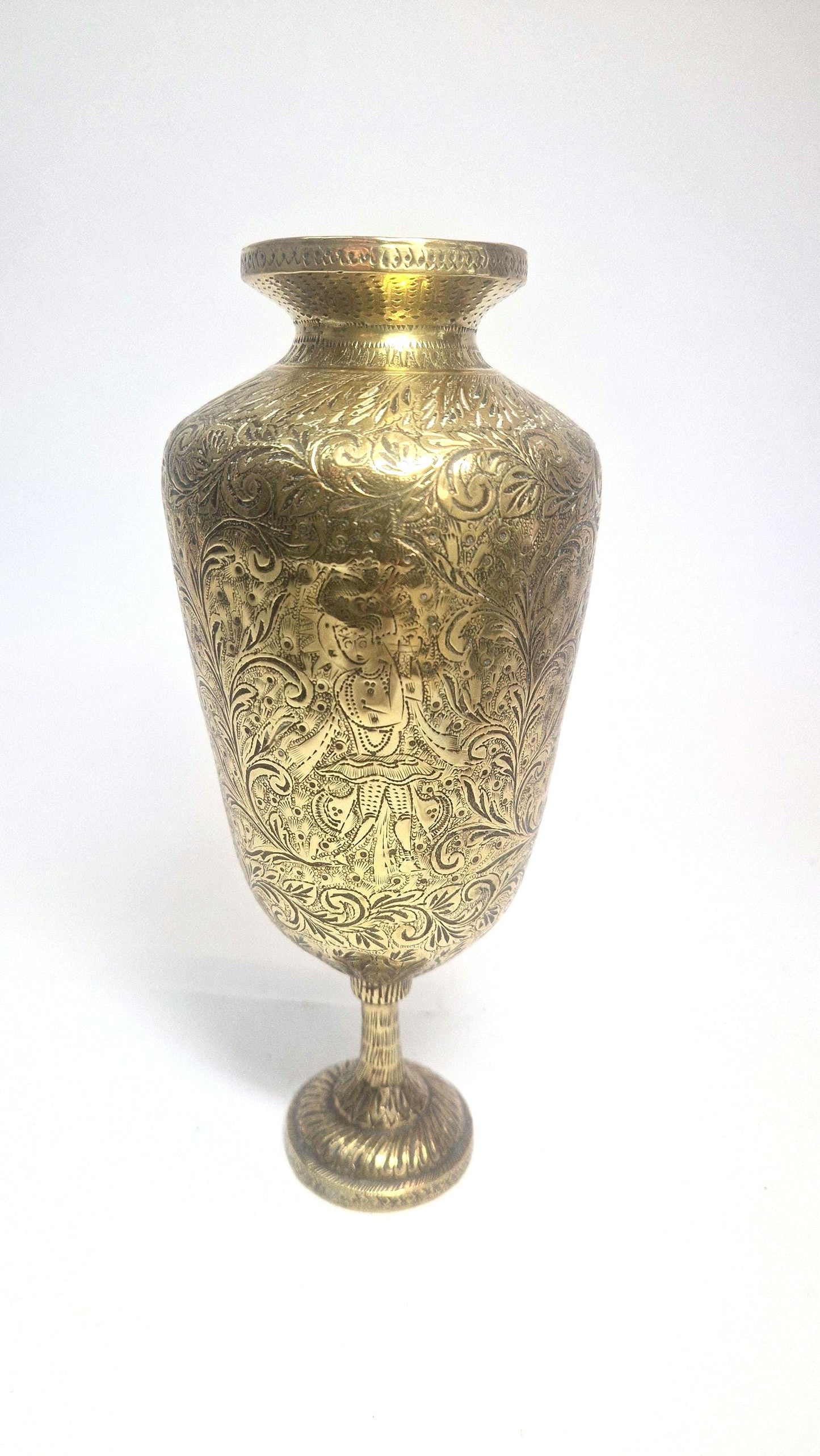 Antique Brass Urn, Heavily Engraved, Indian Deity Playing Pipe.