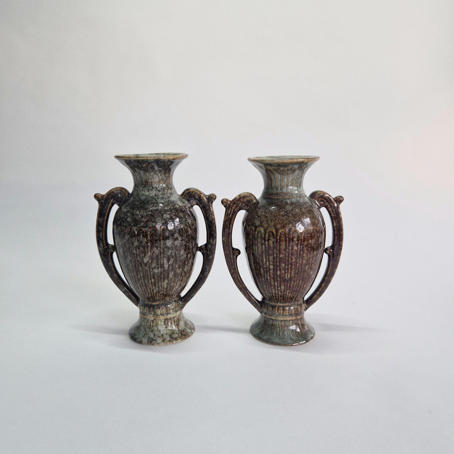 Vintage Grecian Urns: Brown & Grey Mottled Dripware Glaze, Mid Century Pair