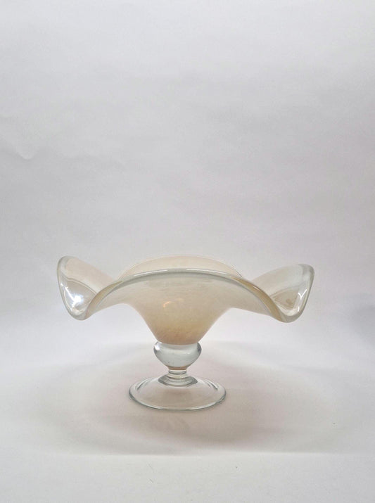 Vintage Wavy Pearlescent Glass Bowl, attributed to Tomarro, Murano Glass.