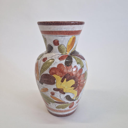 Mid Century Italian Vase, with Hand Painted Flowers and Leaves in Earth Tones. c1960s