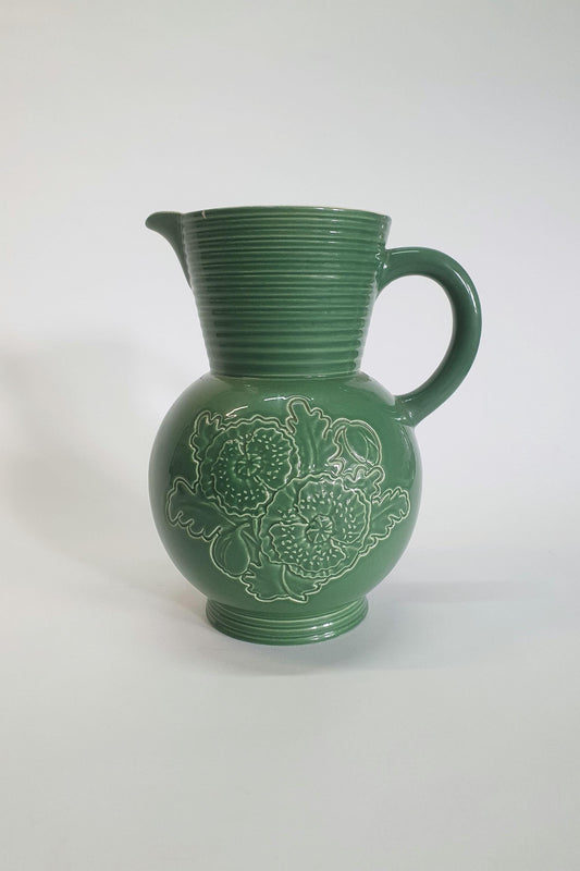 Art Deco Jade Green Water Jug: Brentleigh Ware Embossed Pansy Vase