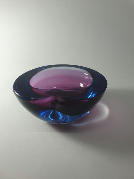 1960s Sommerso Glass Bowl: Vintage Kidney Shape, Pink & Blue Geode