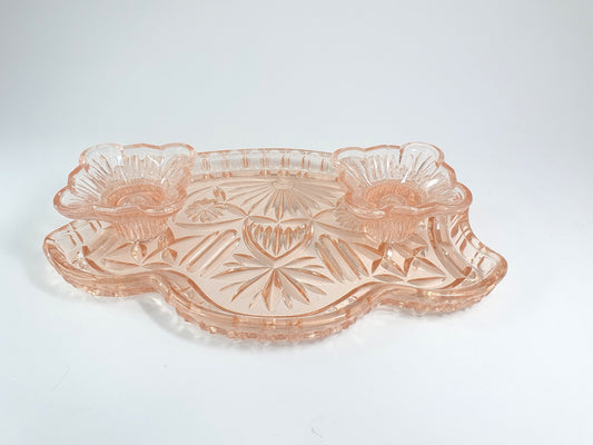 Art Deco Pink Depression Glass Dressing Table Set, Tray and Candle Stick Holders. Vanity Tray Set. Boudoir Set. c1930-40. Mother's Day gift