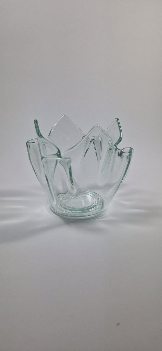 Green Tinted Art Glass Posy Vase: Bud Pockets, Votive Candle Holder, c1970s