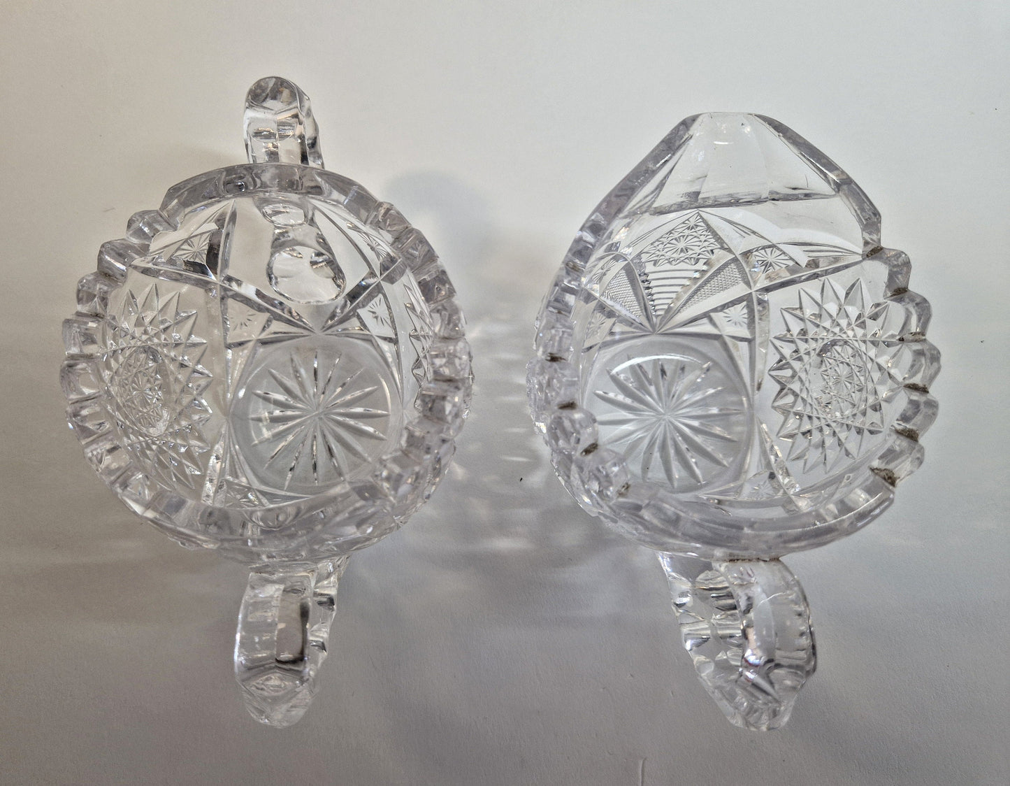 Vintage Hobstar Crystal Glass Sugar Bowl and Creamer. c1900-1920s