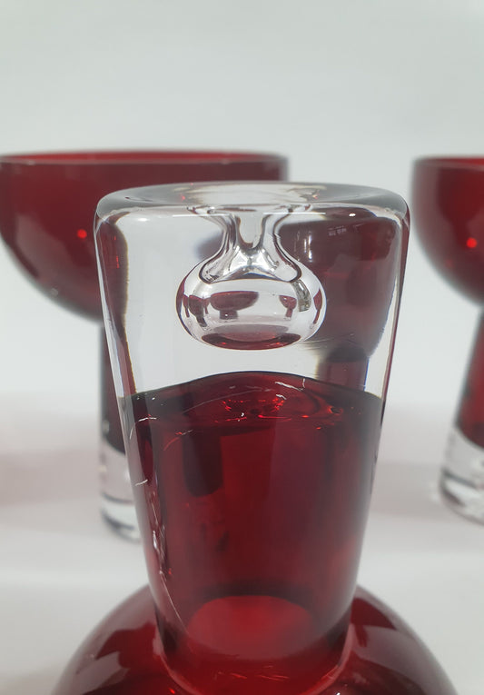 Vintage Krosno Red Art Glass Stemmed Candle Holder with Bubble Base, c1980s