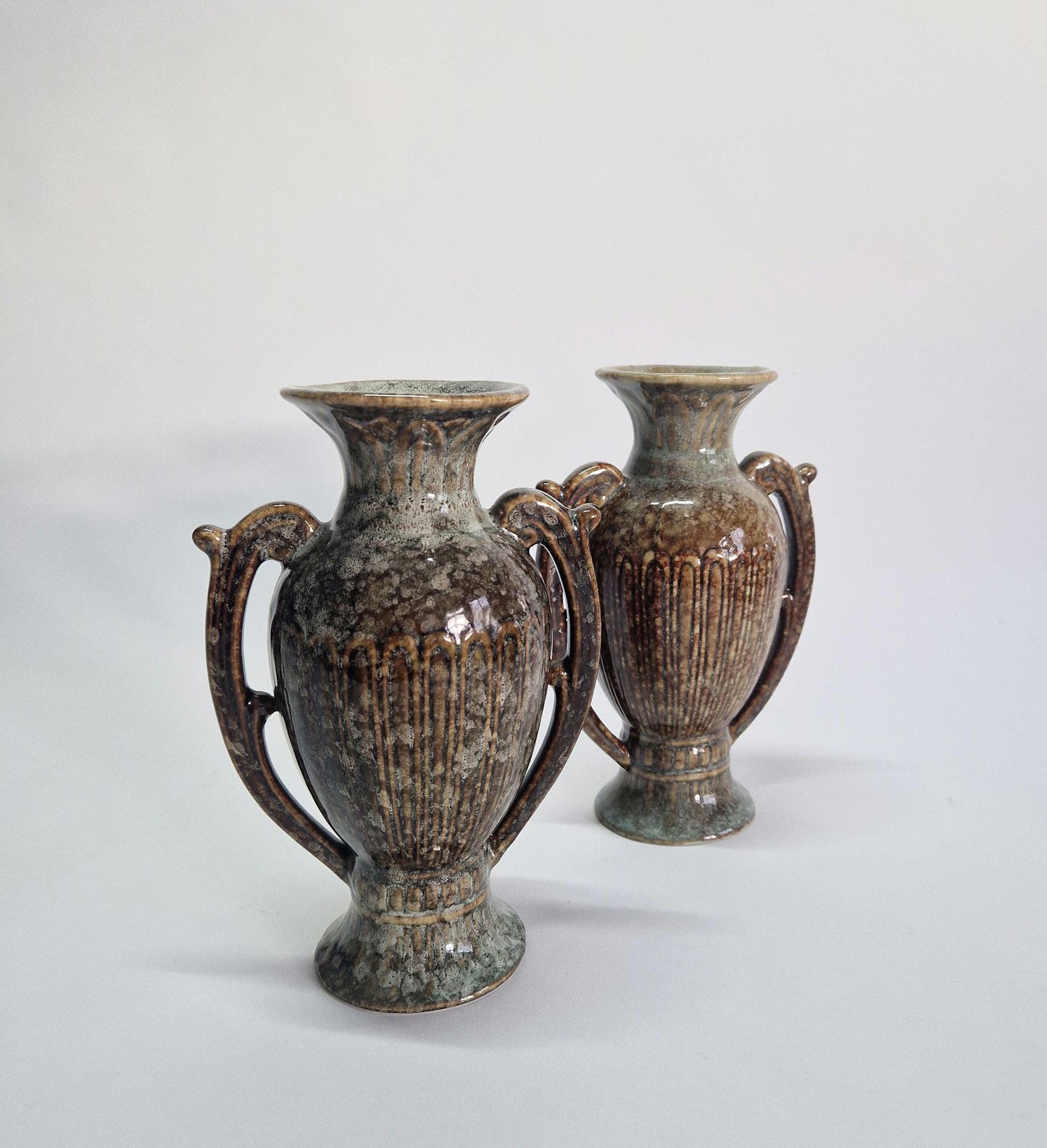 Vintage Grecian Urns: Brown & Grey Mottled Dripware Glaze, Mid Century Pair