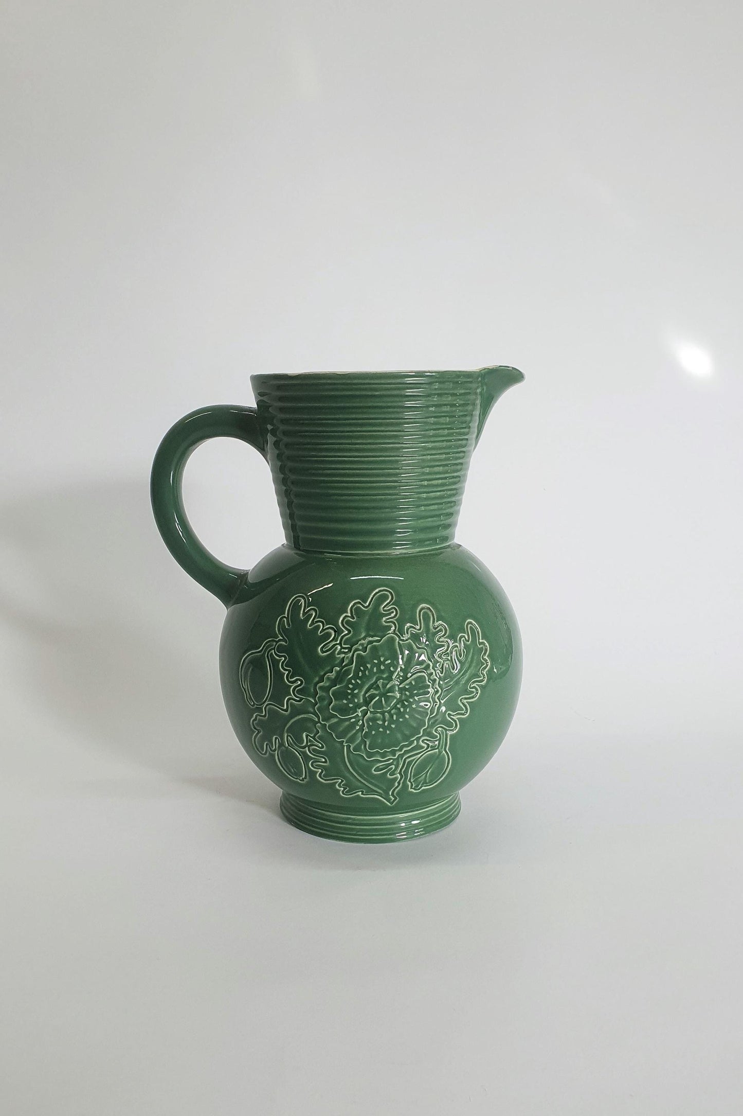 Art Deco Jade Green Water Jug: Brentleigh Ware Embossed Pansy Vase
