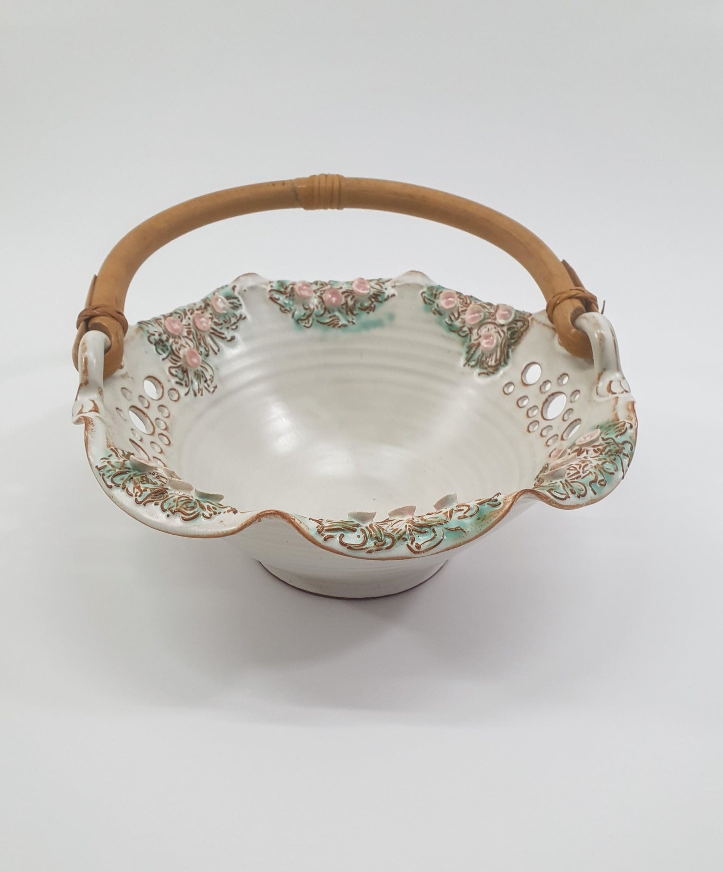 Vintage Kegworth Pottery Basket: Linda Smith Floral Bowl with Cane Handle