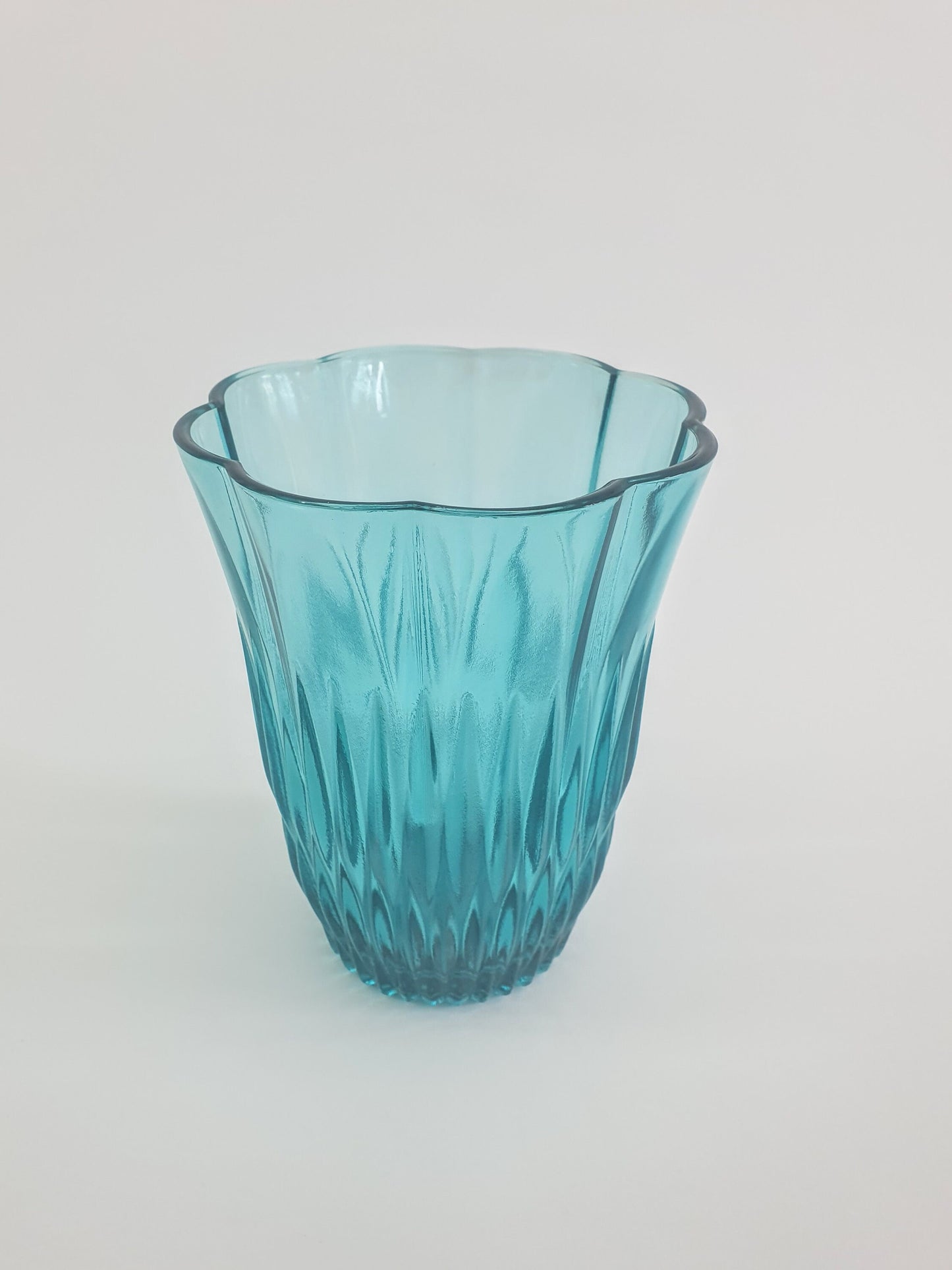 Vintage Turquoise Scalloped Topped Glass Vase.  c1970