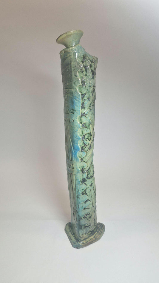 Handcrafted Brutalist Art Vase: Turquoise & Brown Earthenware
