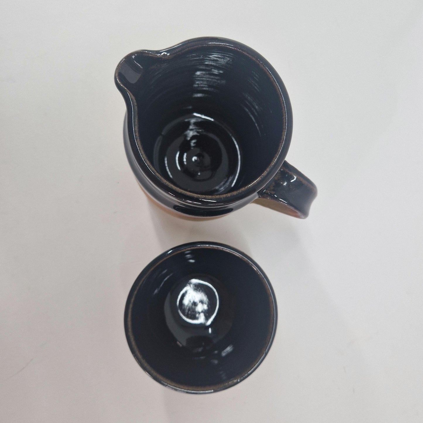 Vintage Rustic Milk Jug and Sugar Bowl. Hand Thrown and Rockingham Glaze. Mid Century