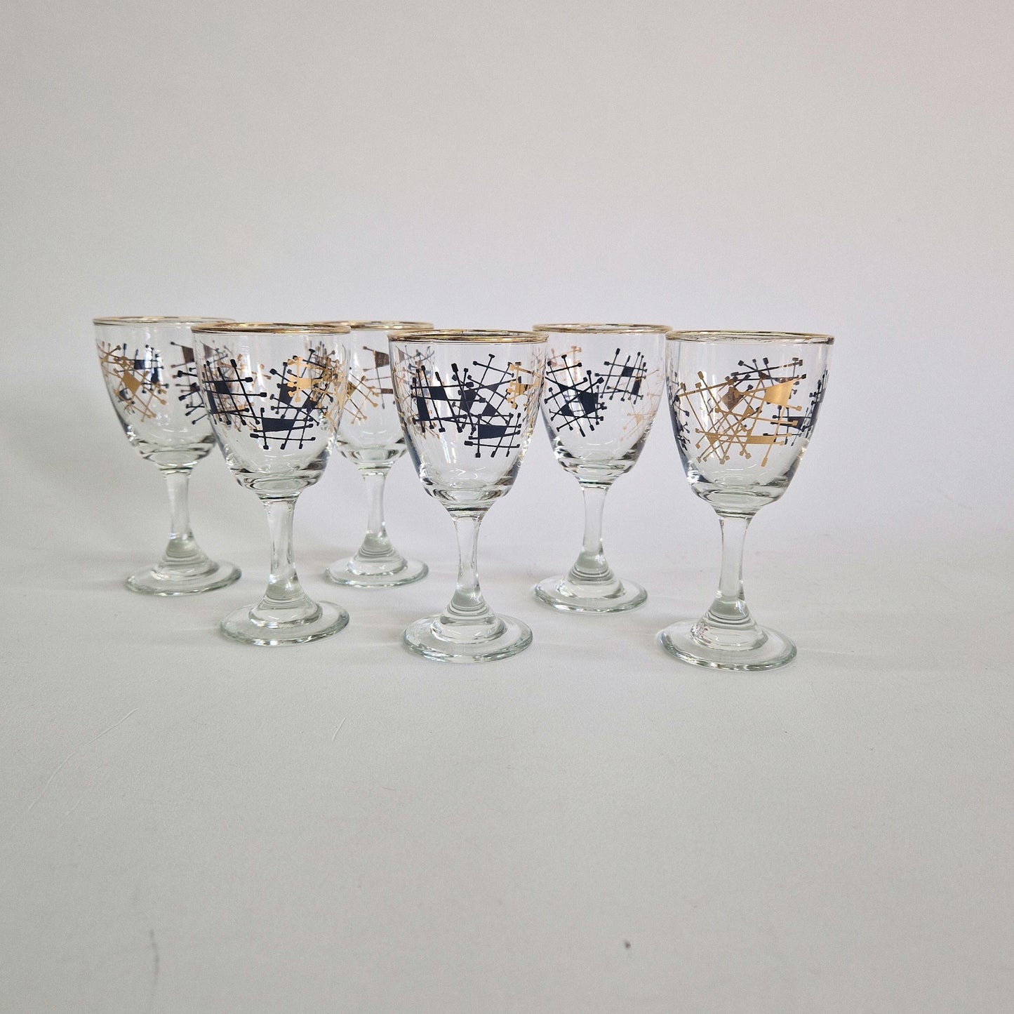 Vintage Set of 6, Atomic Gold and Black Wine Glasses. c1950-60s