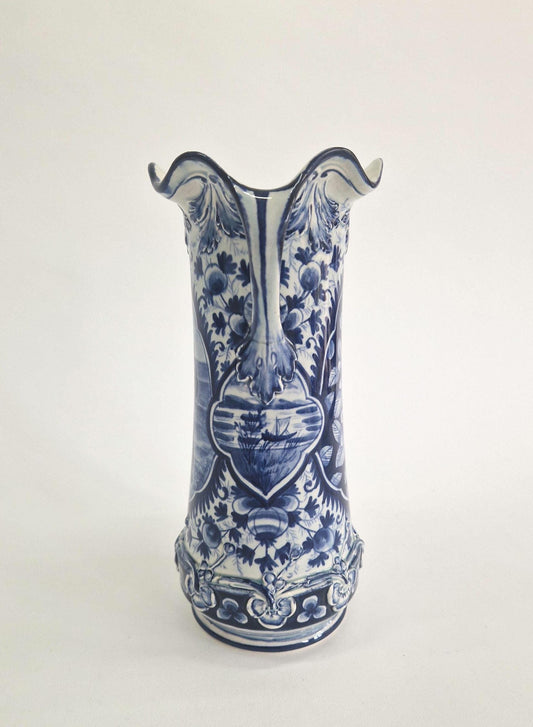 Vintage Blue and White Delft Vase with Handles, signed Digendorf. Hand Painted. c1880