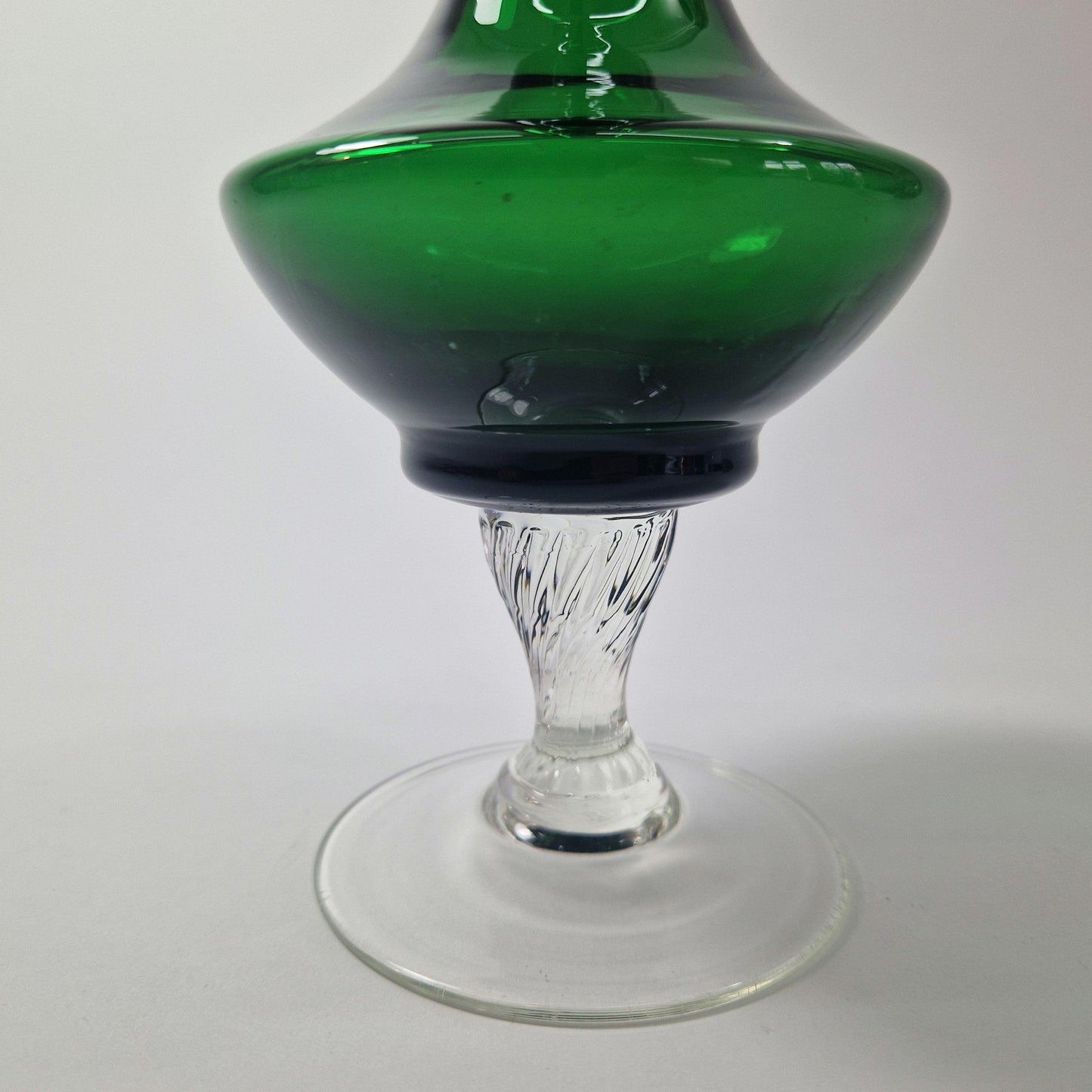 1960s Green Glass Fluted Vase with Clear Spiral Stem and Base. Mid Century Modern.