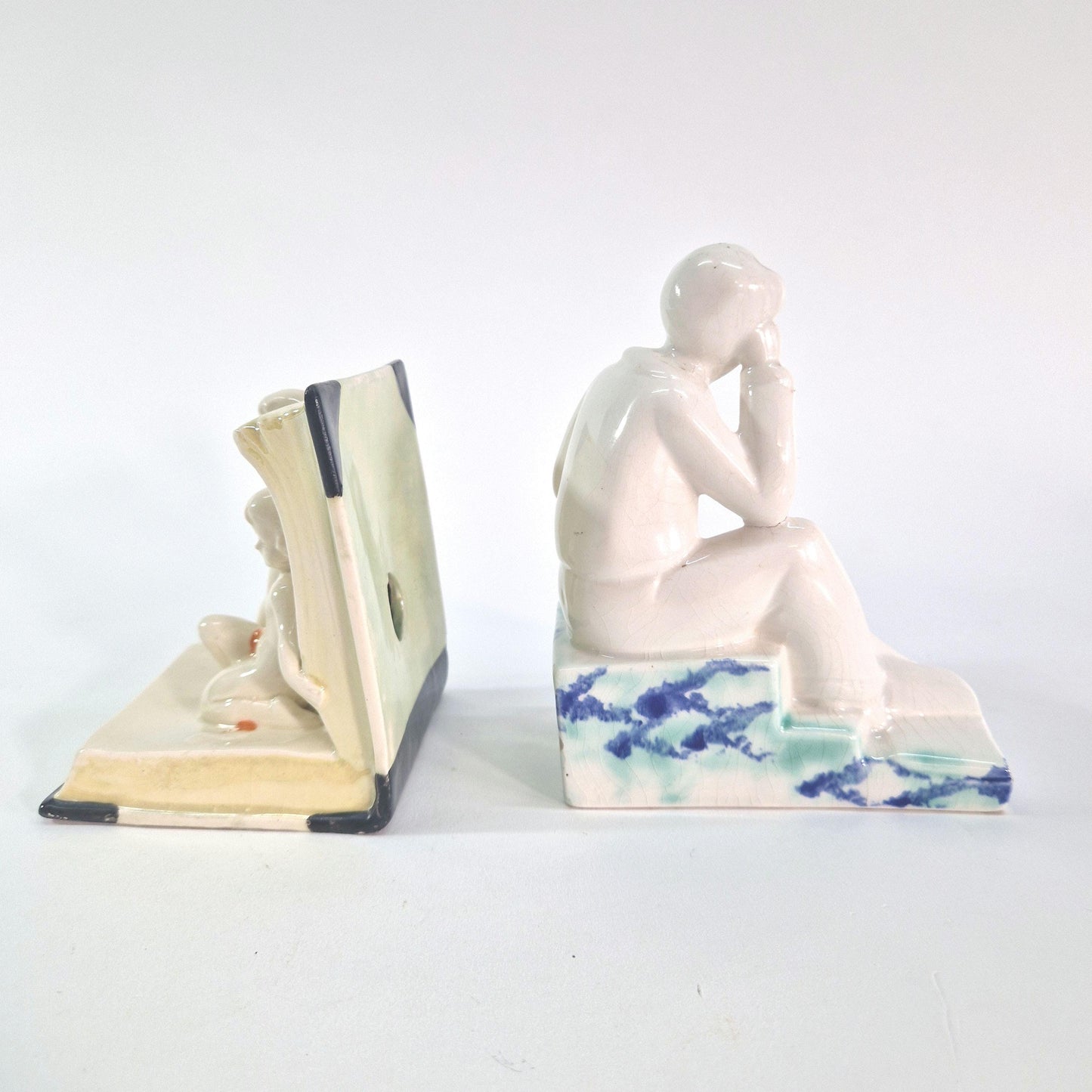 1930s Ornaments.  Jugendstil Children Bookend and German Thinking Man Bookend. Collectibles.  Ideal Stage props.