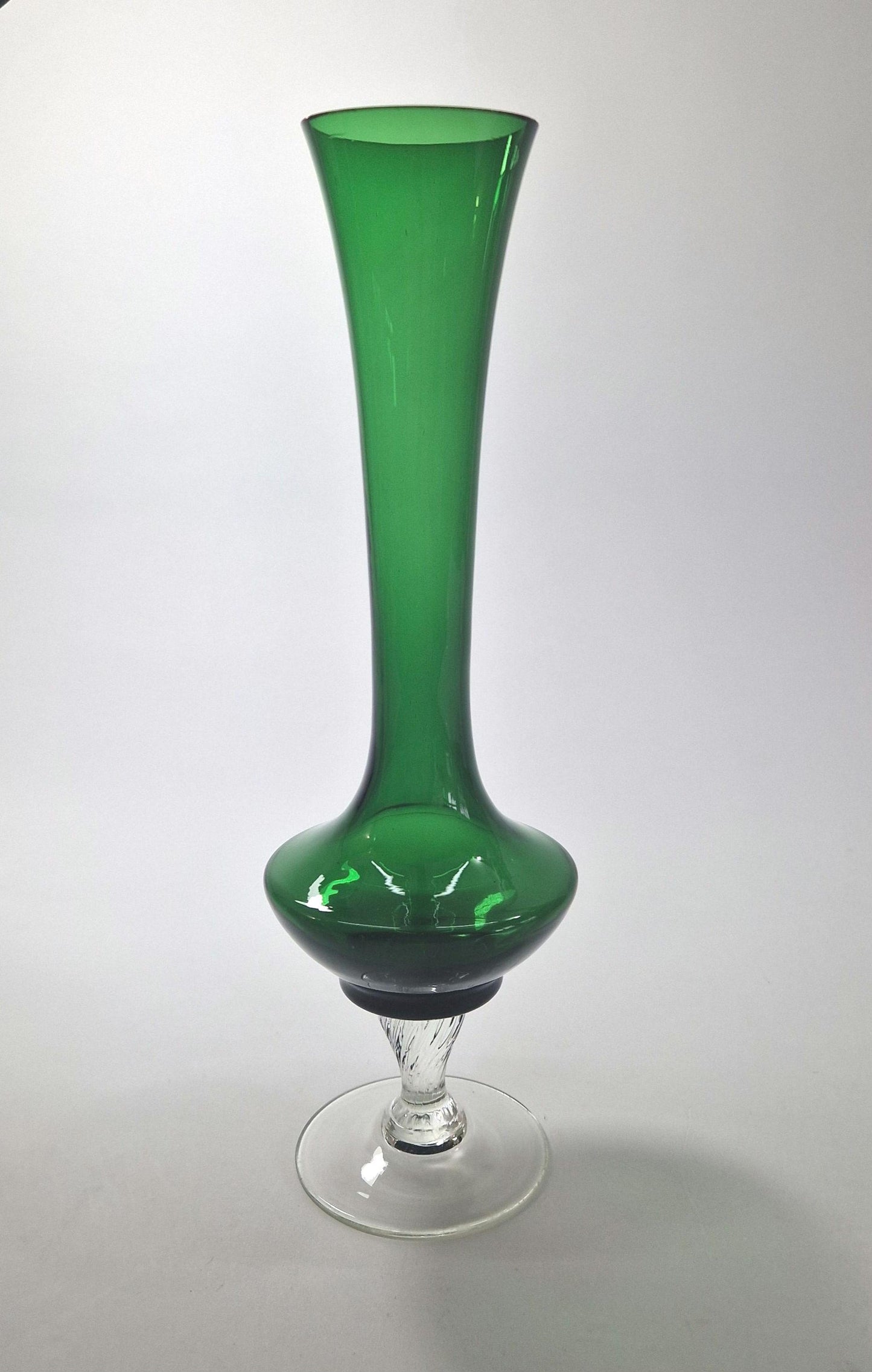 1960s Green Glass Fluted Vase with Clear Spiral Stem and Base. Mid Century Modern.