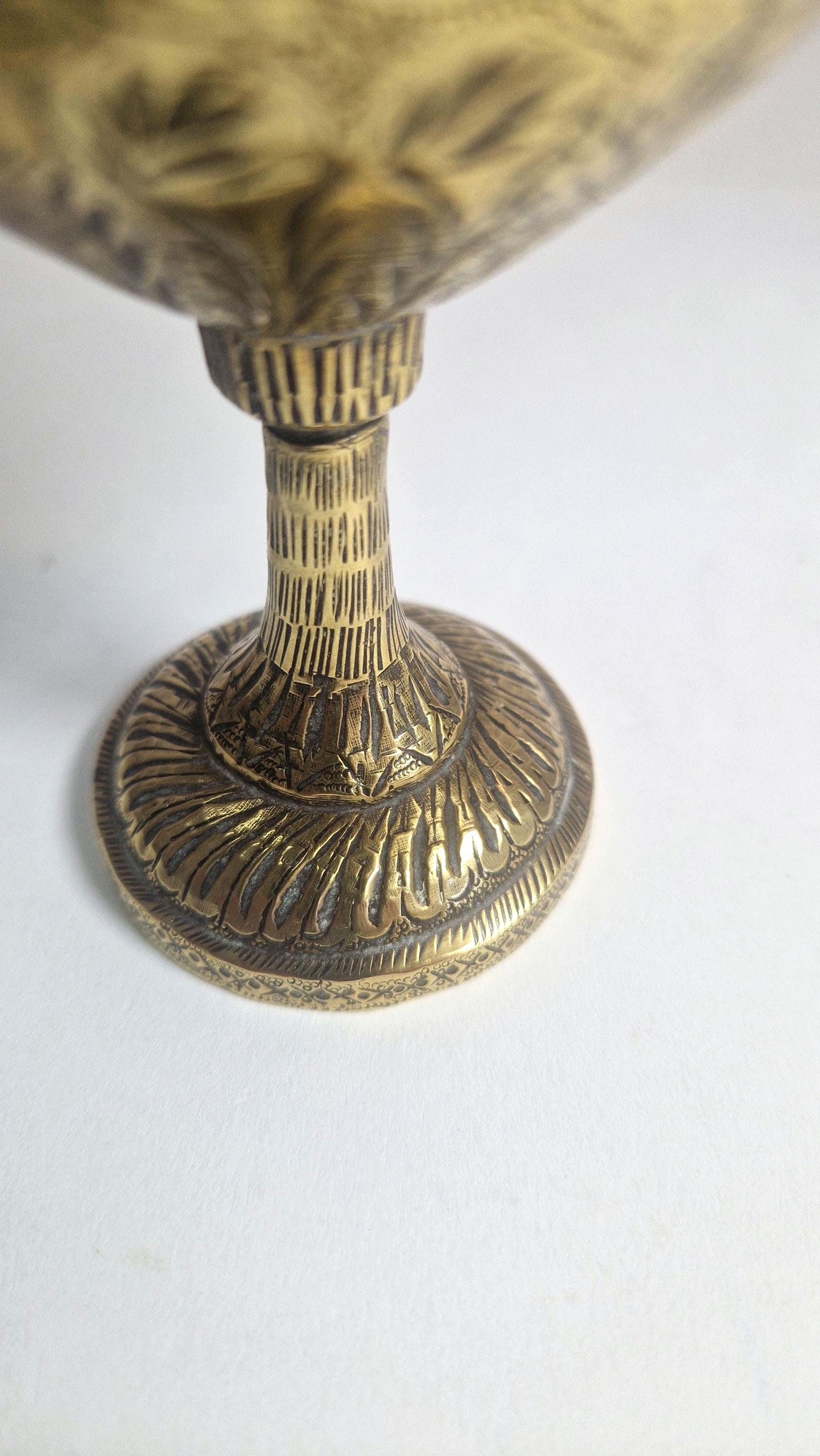 Antique Brass Urn, Heavily Engraved, Indian Deity Playing Pipe.