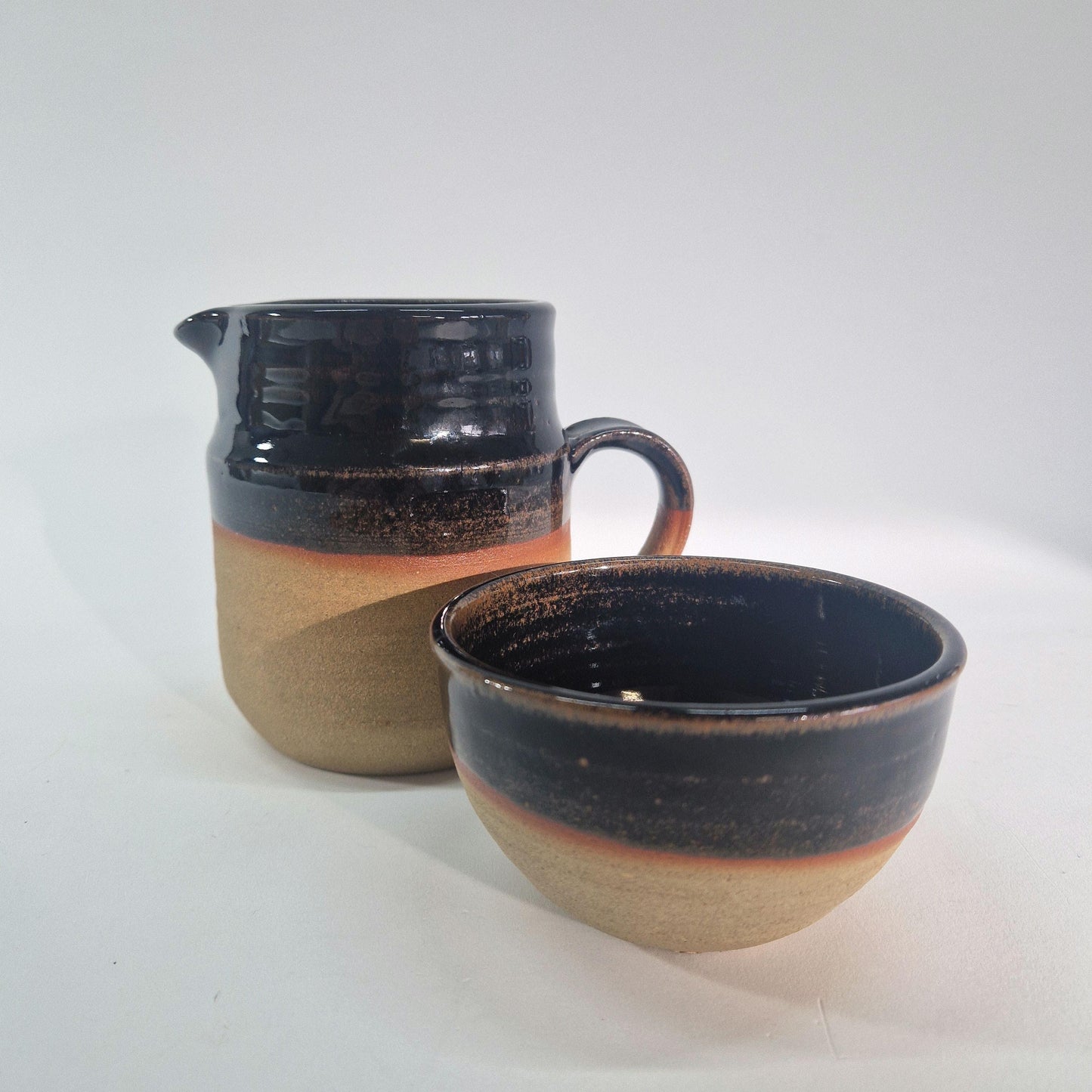 Vintage Rustic Milk Jug and Sugar Bowl. Hand Thrown and Rockingham Glaze. Mid Century