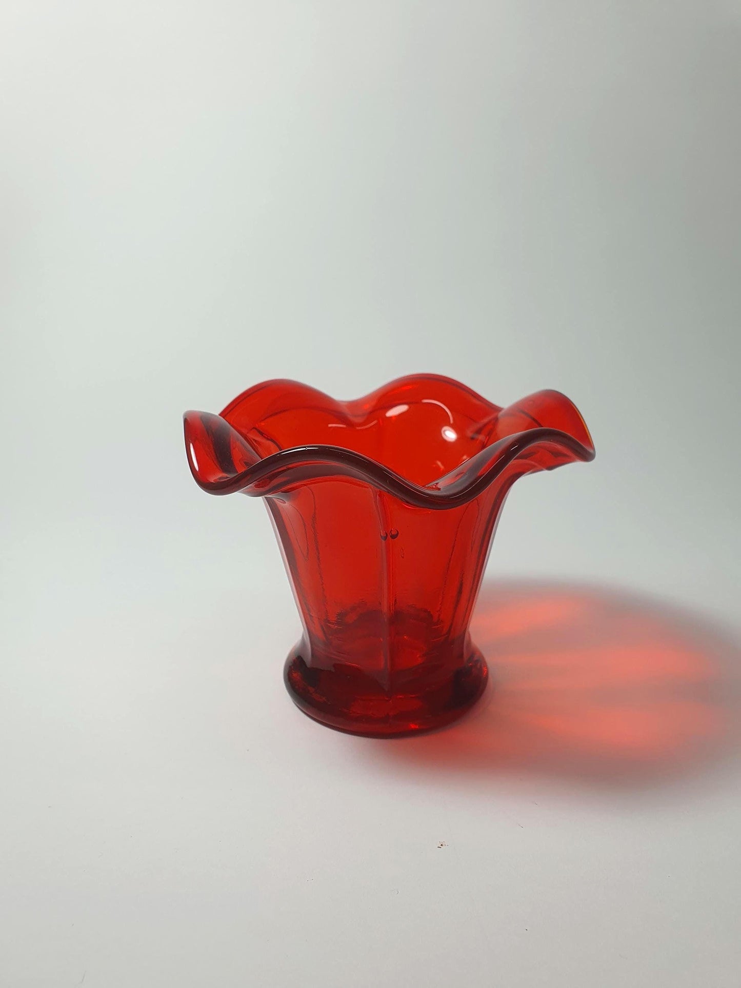 Mid Century Ruby Glass Posy Vase with Frill Rim.  c1960s
