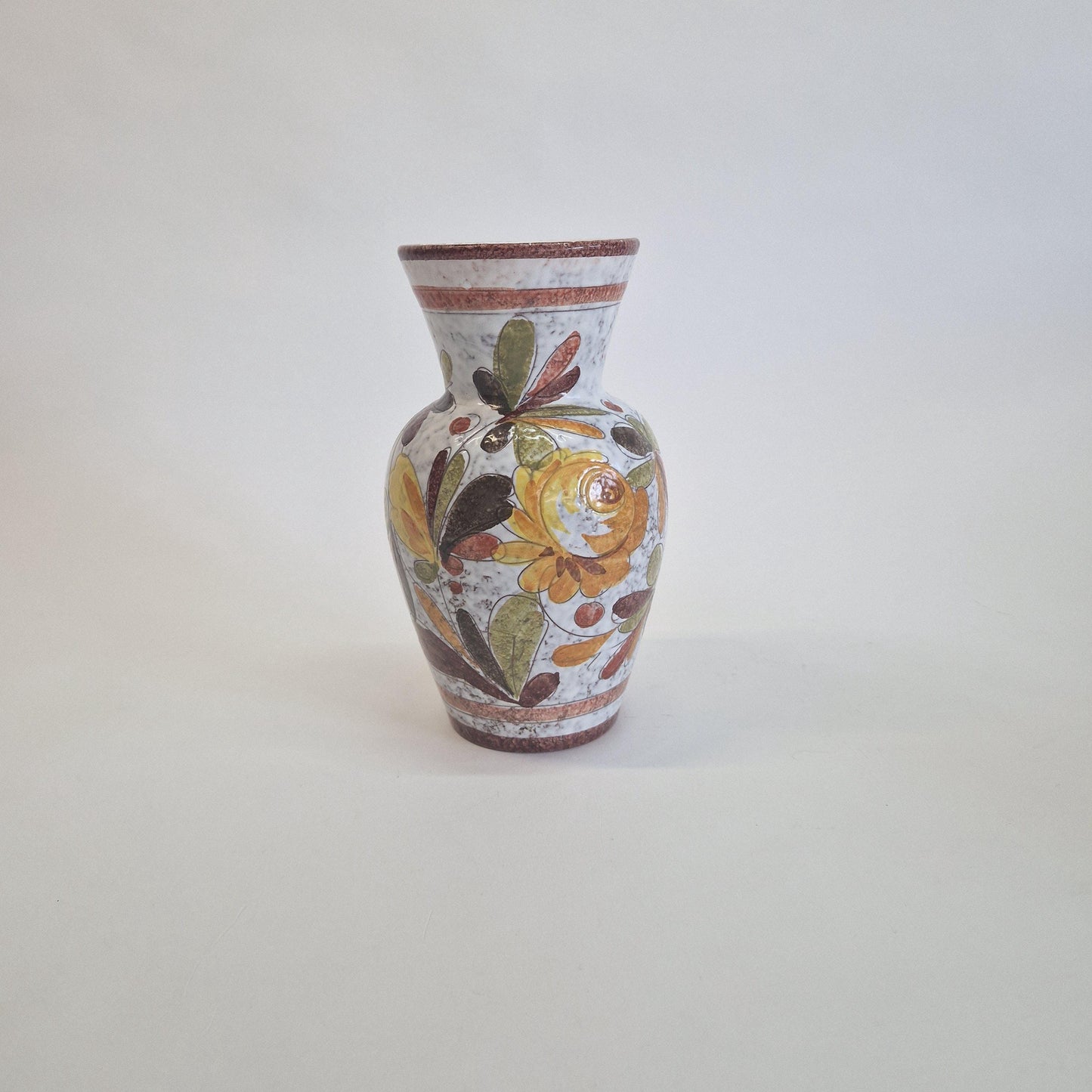 Mid Century Italian Vase, with Hand Painted Flowers and Leaves in Earth Tones.  c1960s