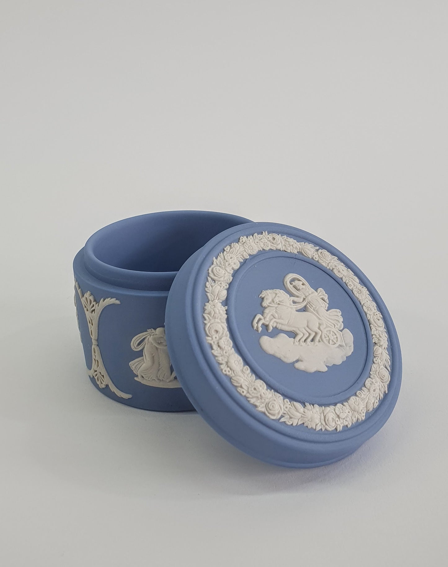 Vintage Wedgwood Blue, Jasperware Trinket Box, Aurora and Chariot.  c1973