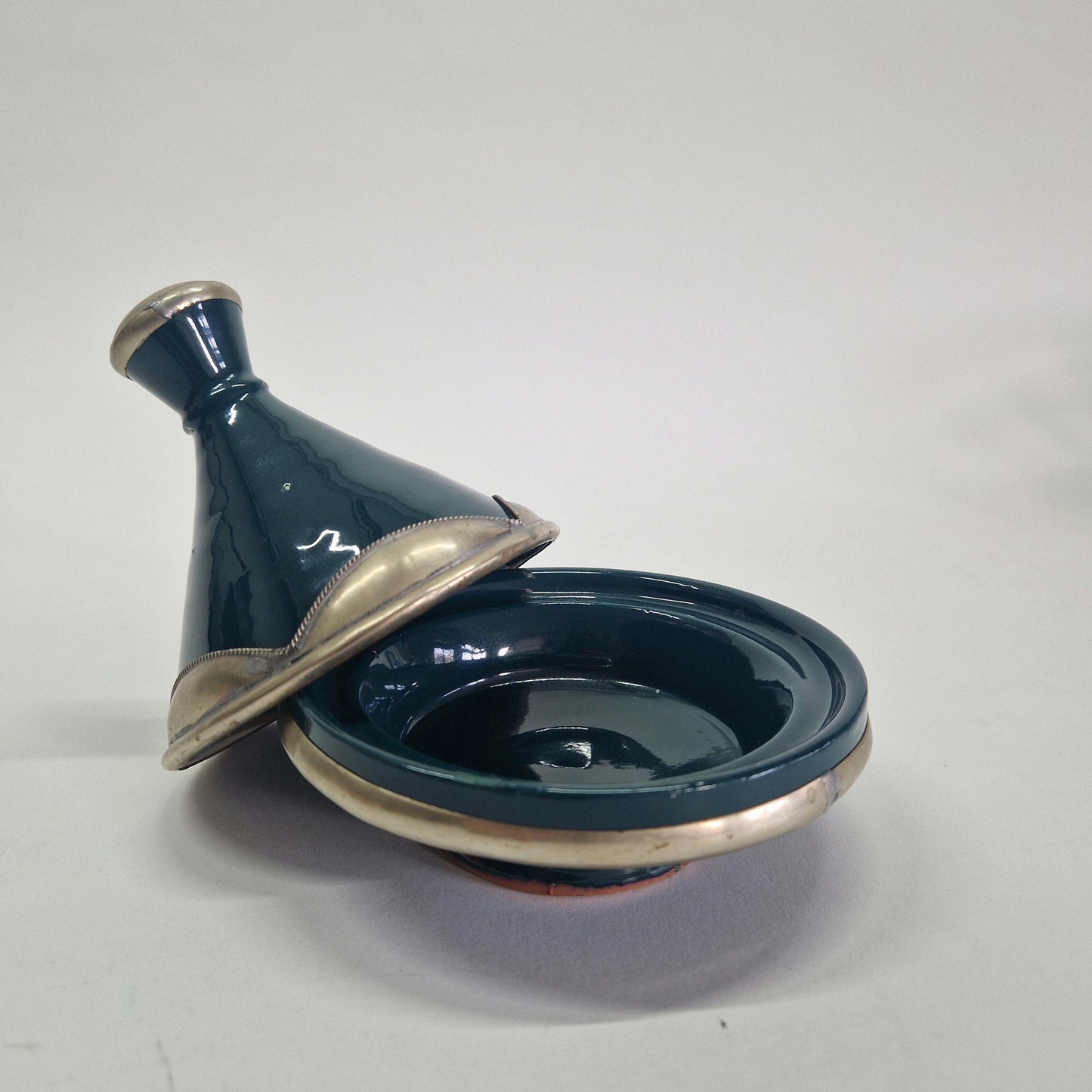 Vintage Forest Green Tagine with metal Embellishment c1980s