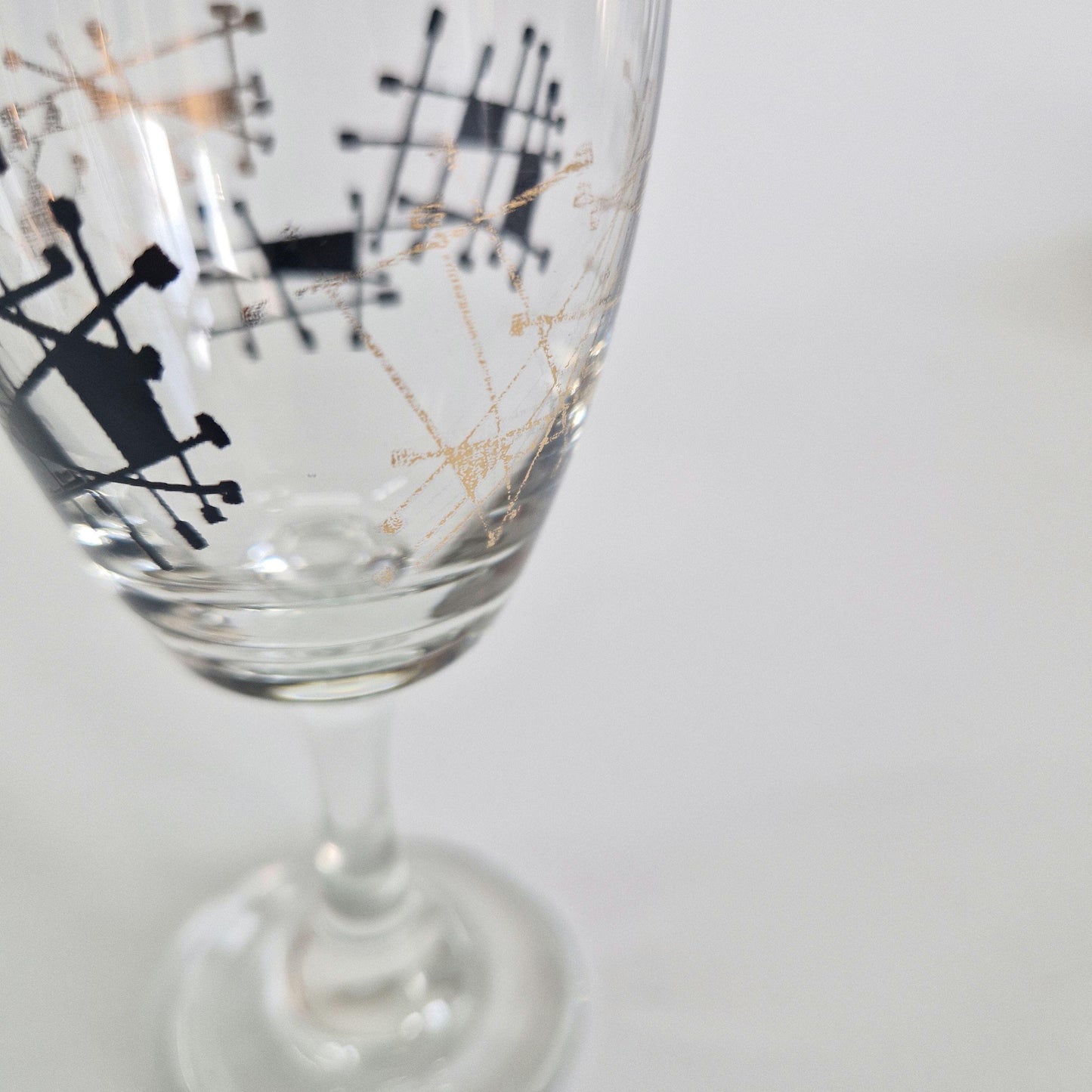 Vintage Set of 6, Atomic Gold and Black Wine Glasses. c1950-60s