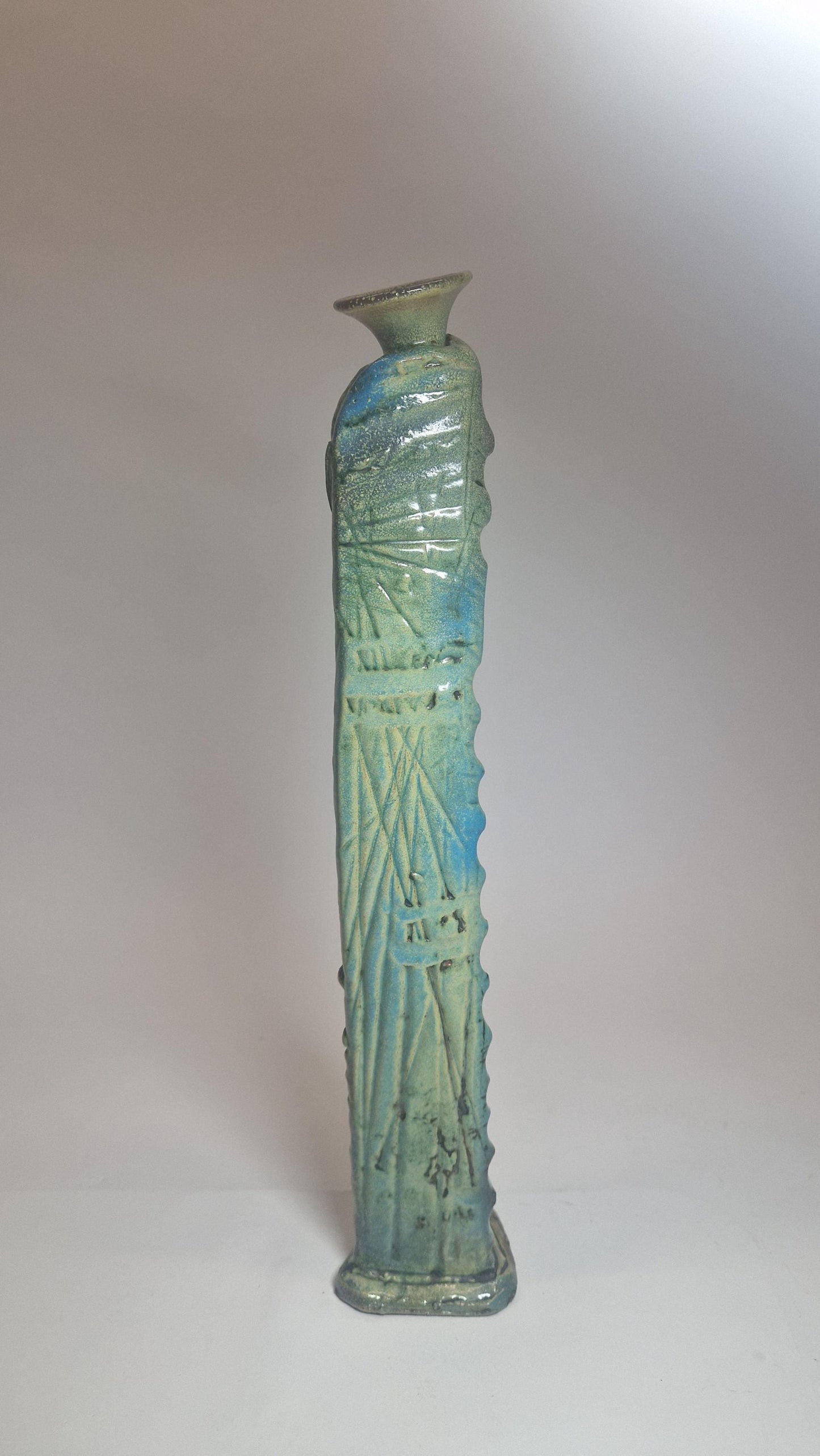 Handcrafted Brutalist Art Vase: Turquoise & Brown Earthenware