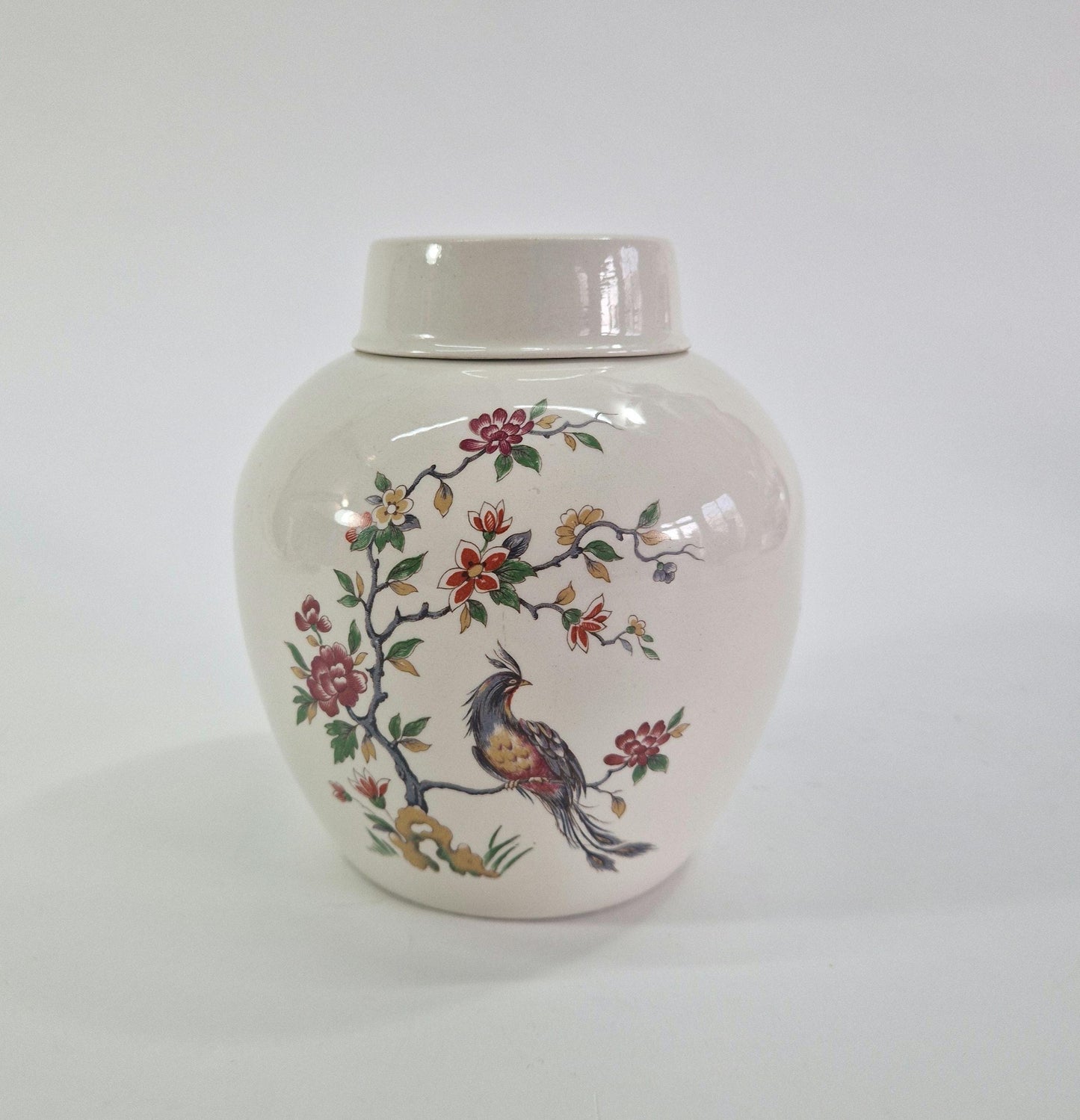 Large Vintage Ginger Jar with Bird of Paradise on Blossom Branch. Burleigh Ironstone. c1940
