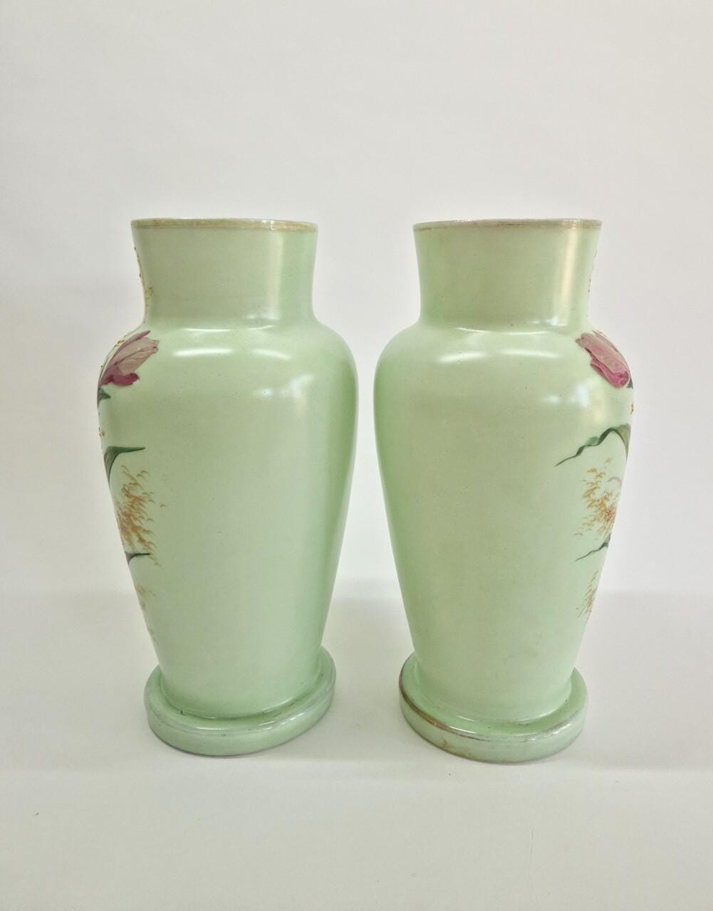 Victorian Opaline Glass Vases: Hand-Painted Floral Decor, 1800s
