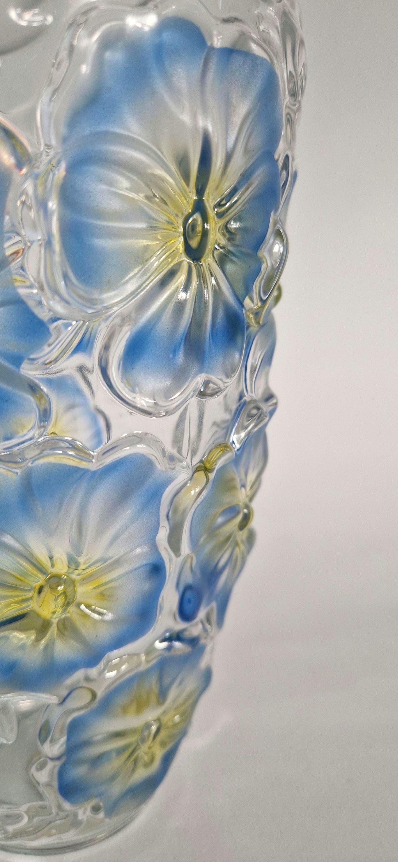 Vintage Walther Glas Blue and Yellow Daisy Vase. c1970s