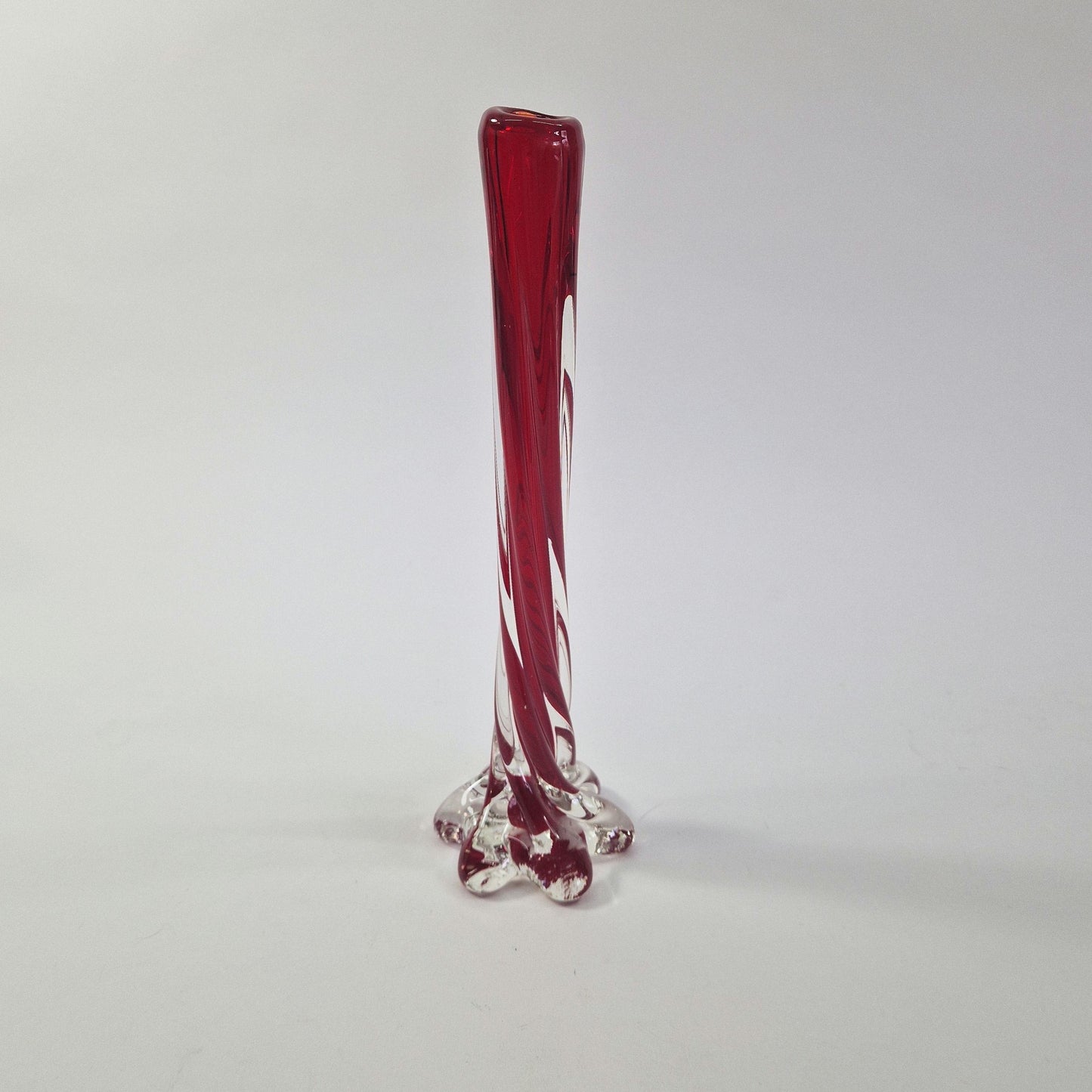 Vintage Solifleur Glass Vase. Twisted Stretch Cased Glass with Elephant Foot. Mid Century Modern.