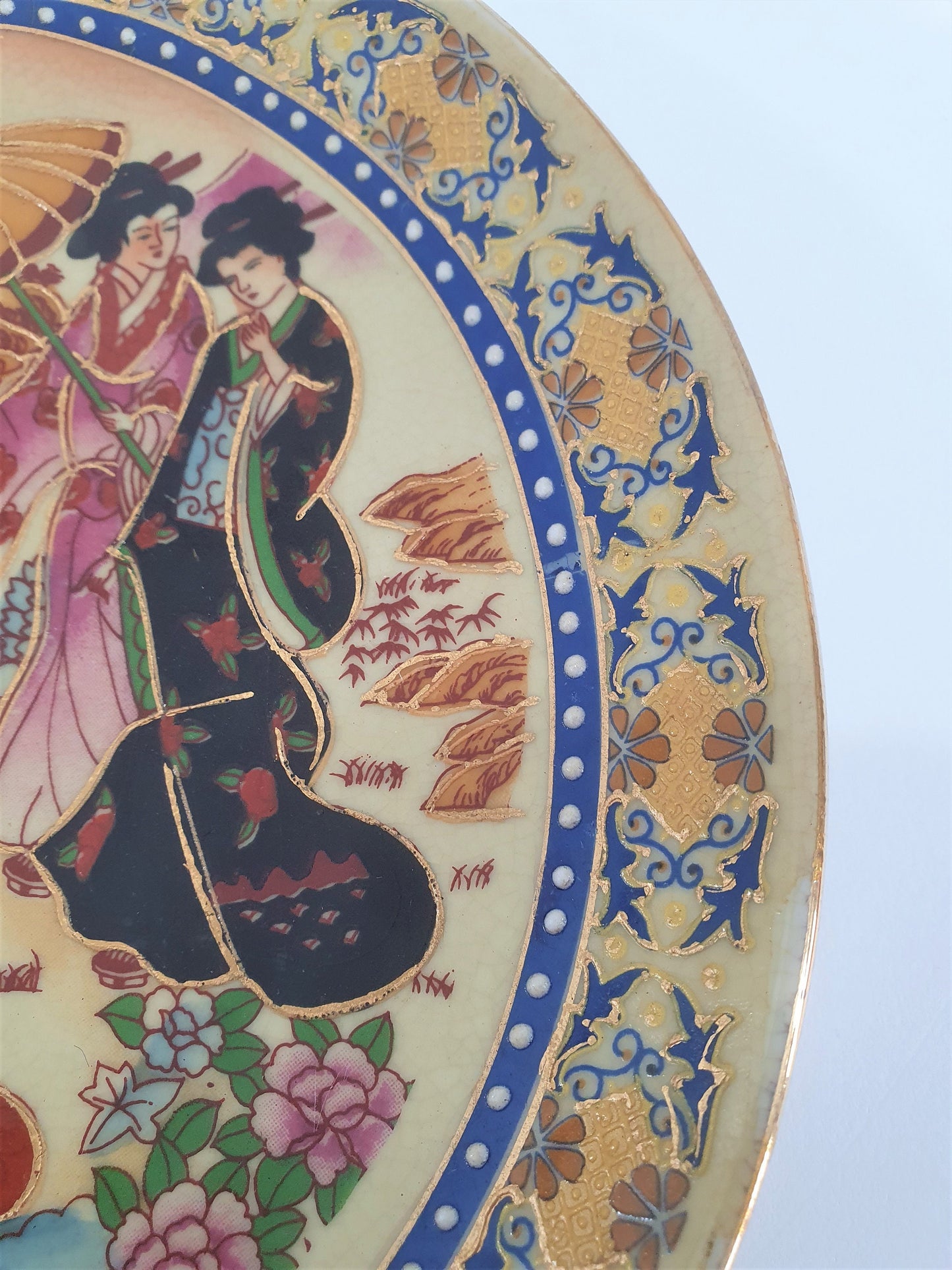 Vintage Japanese Satsuma Display Plate finished in Embossed Gold.  Earthenware pottery, Hand-painted.