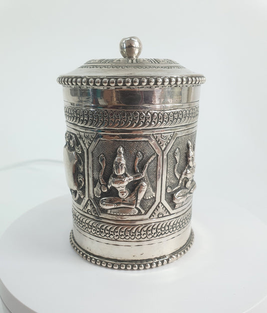 Burmese Silver High Relief Repoussé Cannister or Betel Box. Early 1900s