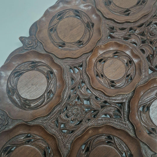 Vintage Carved Teak Wood Cup Tray: Indian British Raj Design